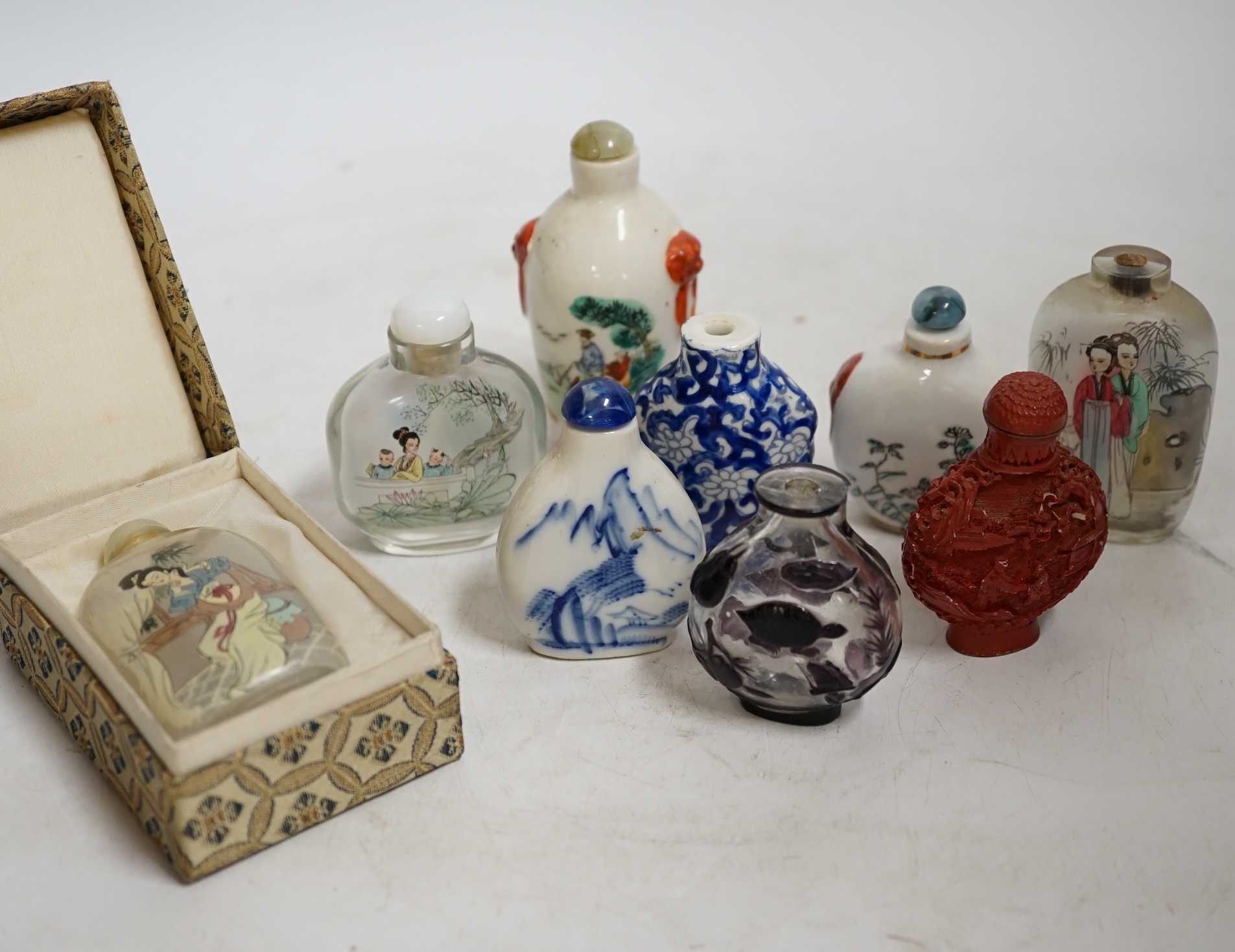 Nine various Chinese snuff bottles. Condition - fair to good